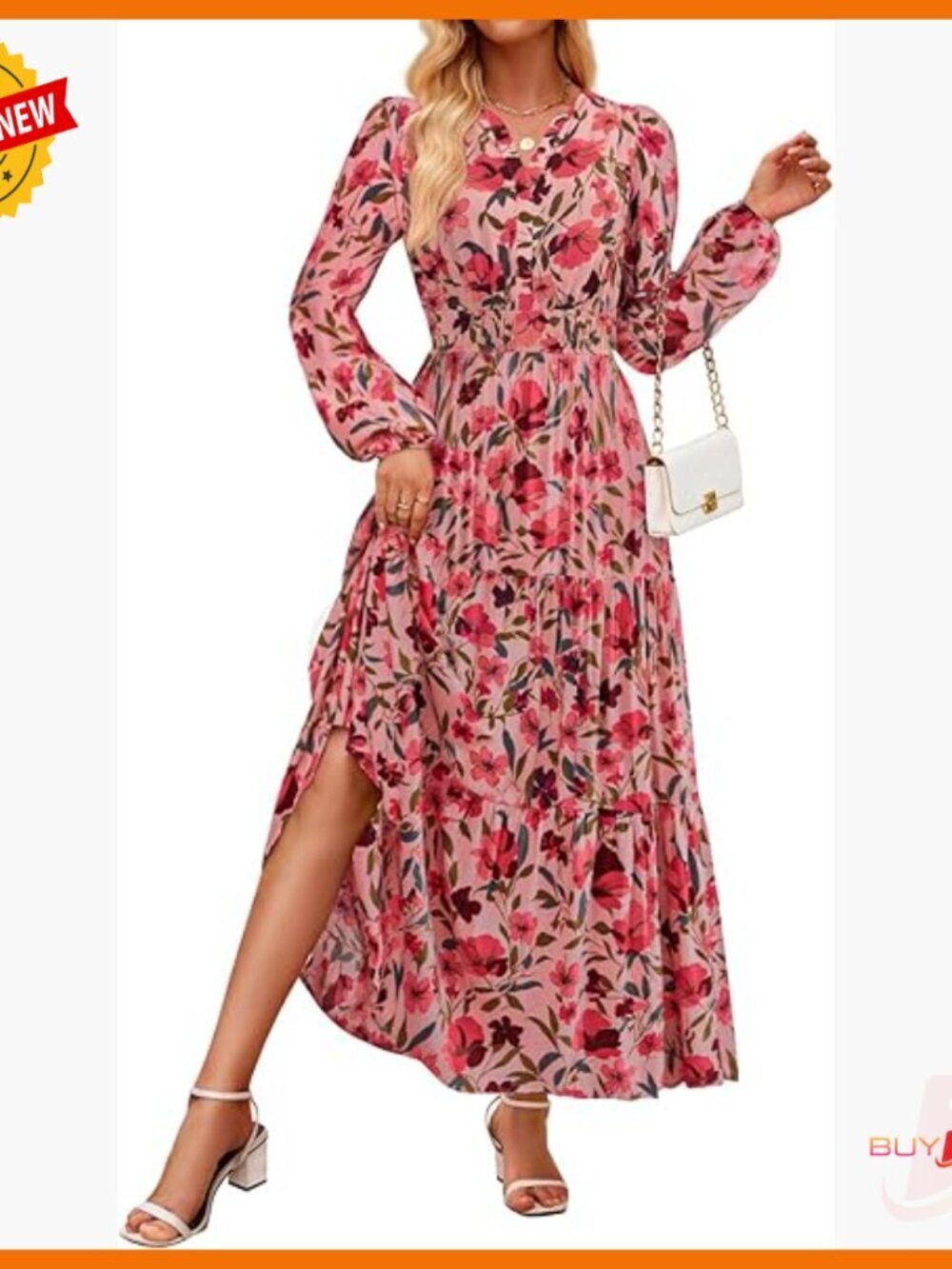 Long Sleeve Boho Floral Maxi Dress Empire Waist A-Line Casual Wedding Guest